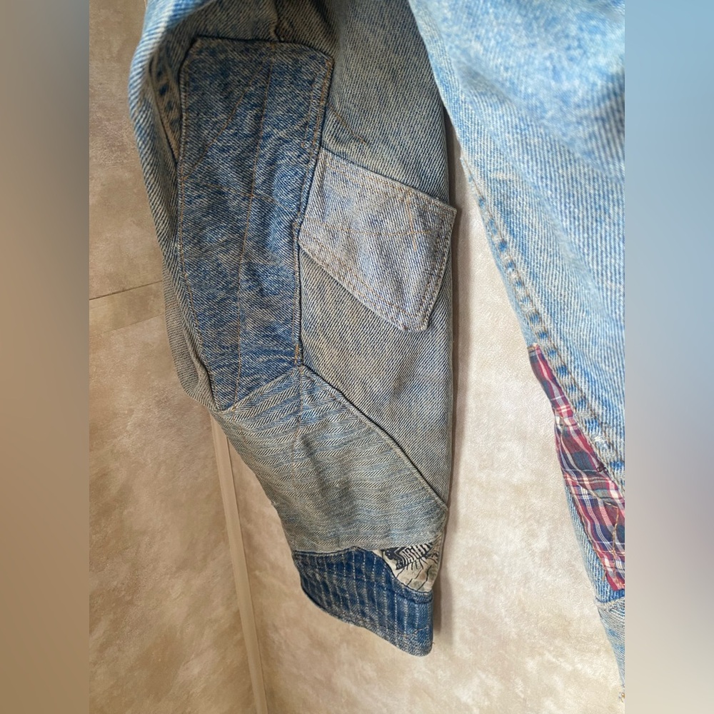 Vintage 70s 80s Levis OOAK Zig Zag Man Patchwork Denim Trucker Jacket Smoker - Picture 12 of 16